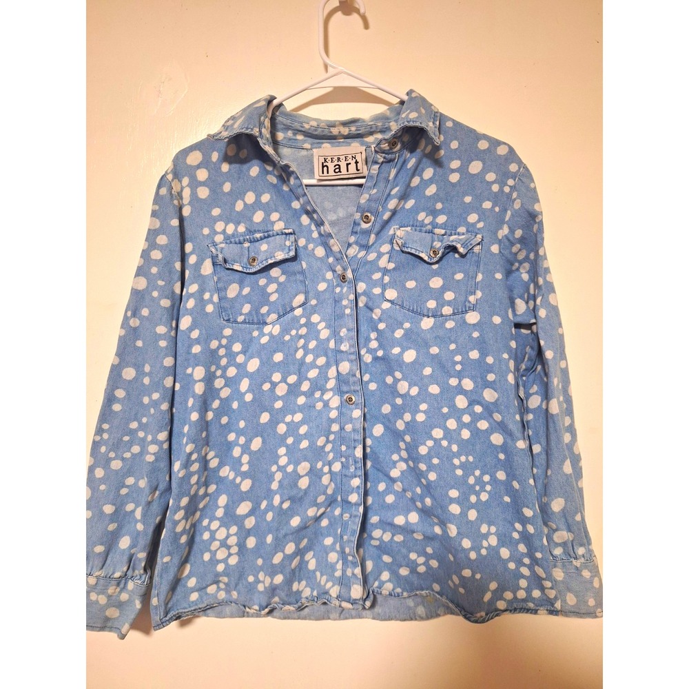 Vintage 90s Keren Hart Light Wash Denim Shirt Medium White Polka Dot Western Top